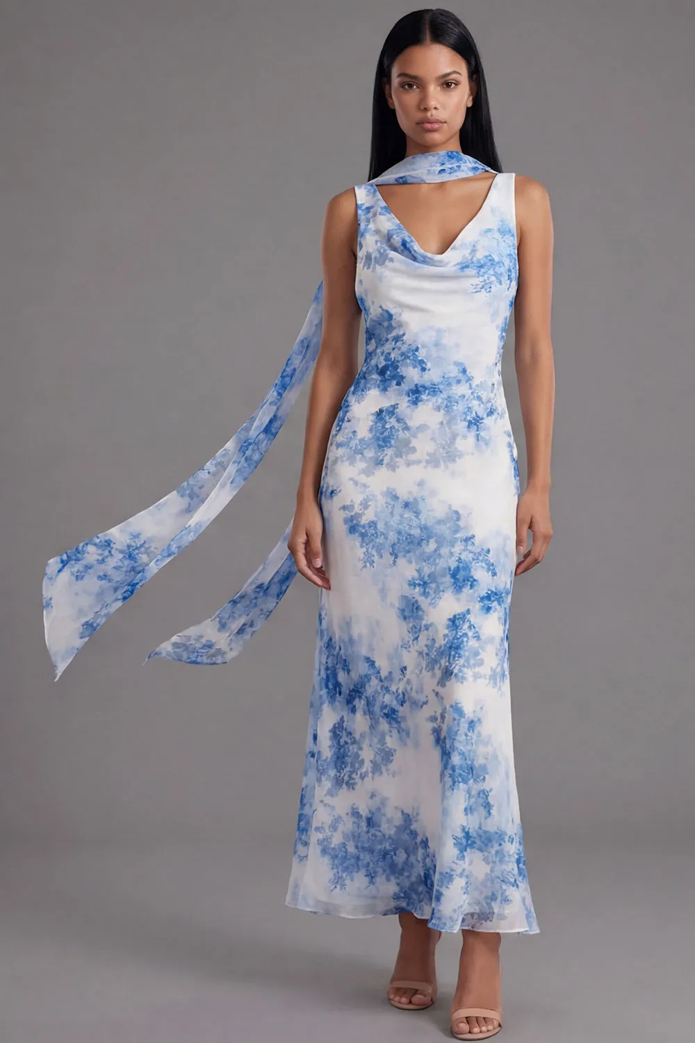 White Blue Flower V-Neck Sheath Long Chiffon Dress with Neck Scarf sold by Zapaka