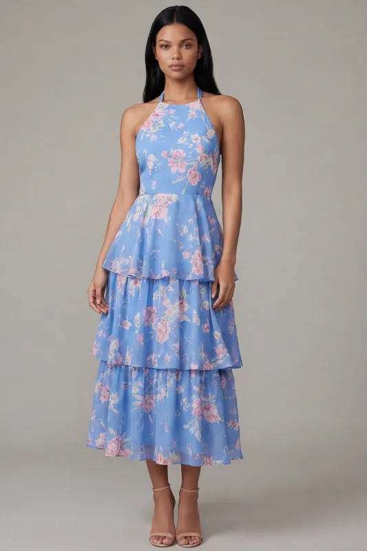 Chiffon Blue Pink Flower Halter Neck Tiered A-Line Floral Dress with Bow made by Zapaka