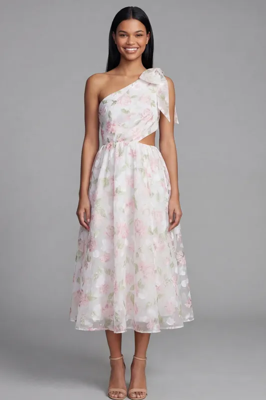 One Shoulder White Pink Flower Chiffon Cut Out A-Line Floral Dress with Bow made by Zapaka