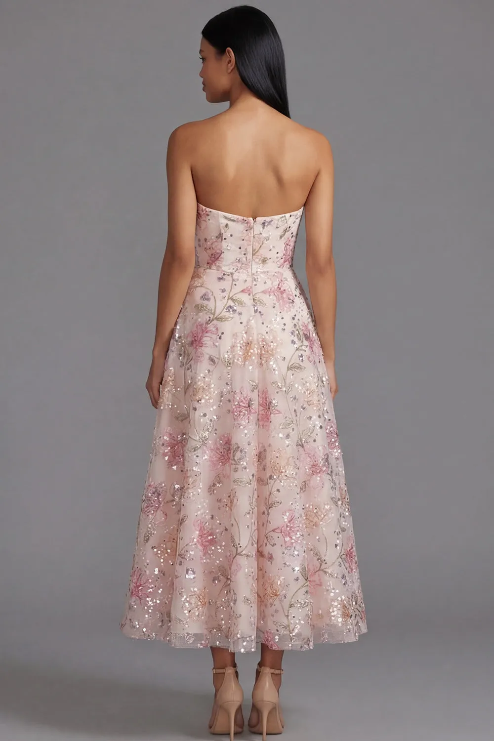 Chiffon Pink Strapless Printed Long Floral Dress with Beading sold by Zapaka product image thumbnail 3