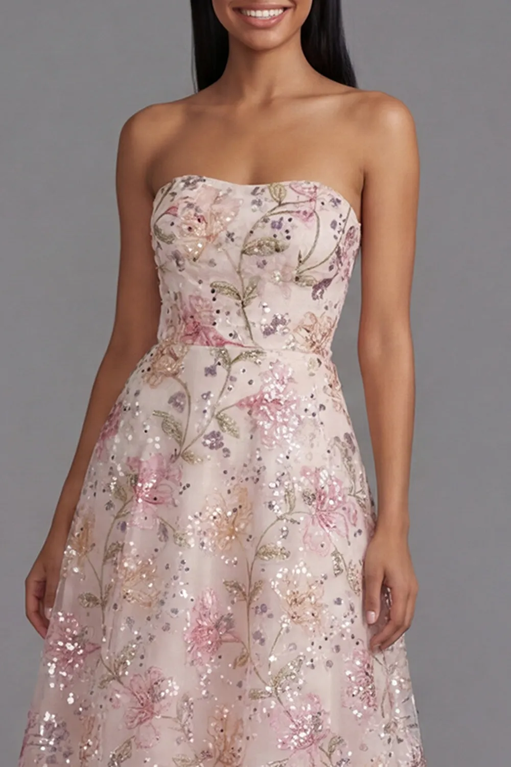 Chiffon Pink Strapless Printed Long Floral Dress with Beading sold by Zapaka product image thumbnail 4