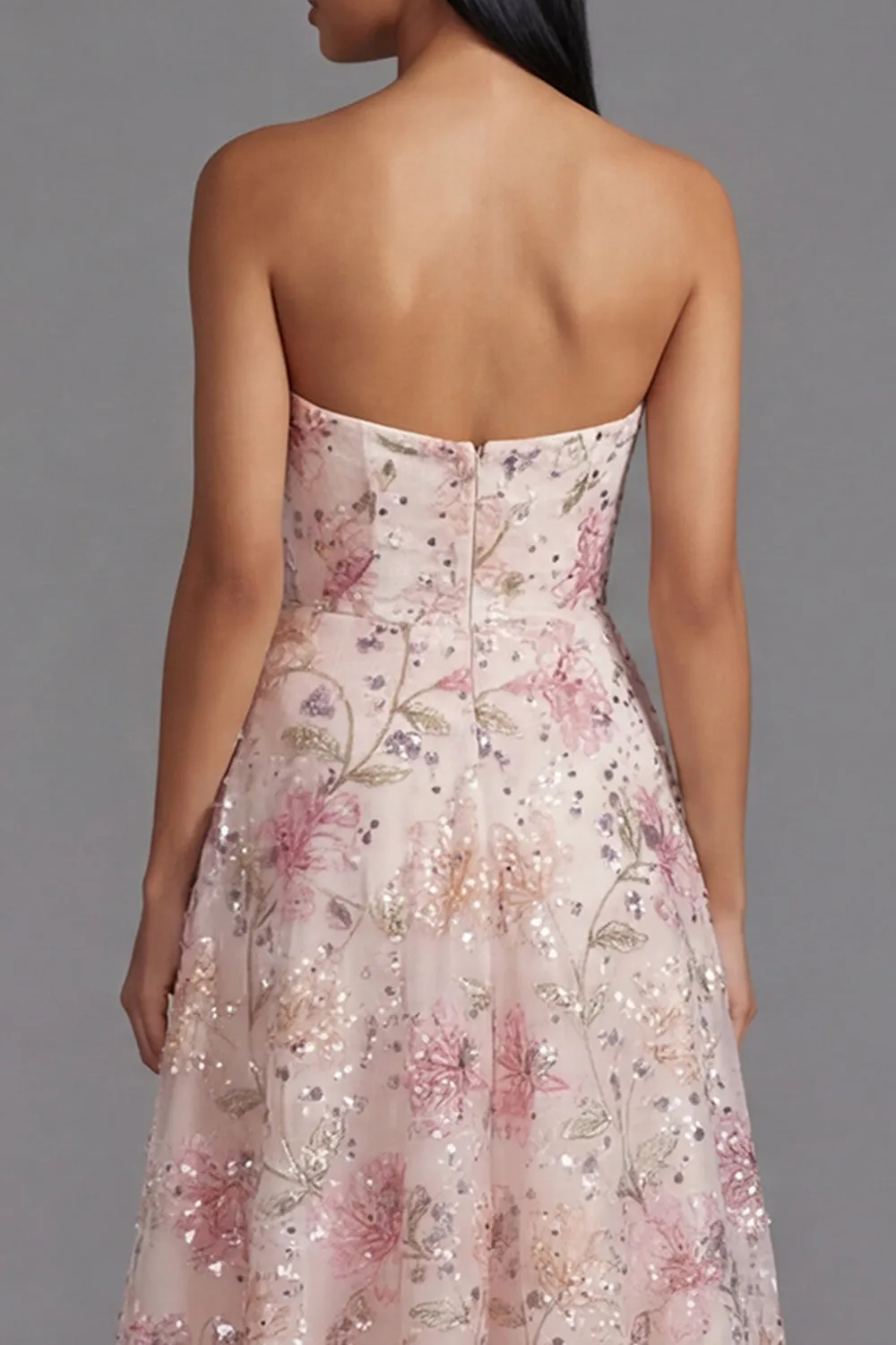 Chiffon Pink Strapless Printed Long Floral Dress with Beading sold by Zapaka product image thumbnail 5