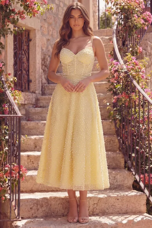 Yellow A-Line Corset Spaghetti Straps Midi Prom Dress with Pearls made by Zapaka