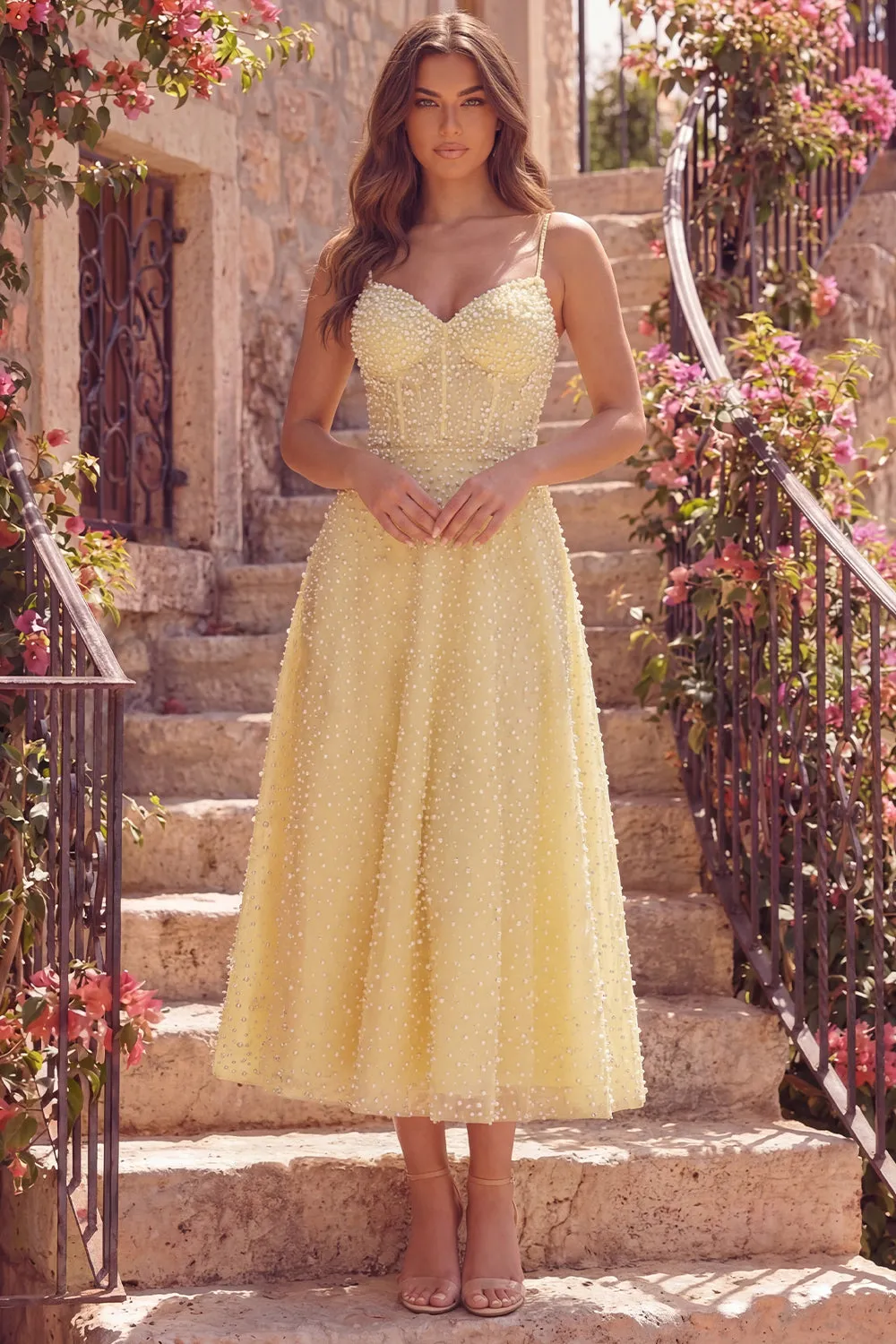 Yellow A-Line Corset Spaghetti Straps Midi Prom Dress with Pearls sold by Zapaka