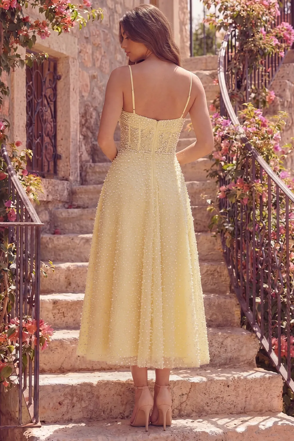 Yellow A-Line Corset Spaghetti Straps Midi Prom Dress with Pearls sold by Zapaka product image thumbnail 2