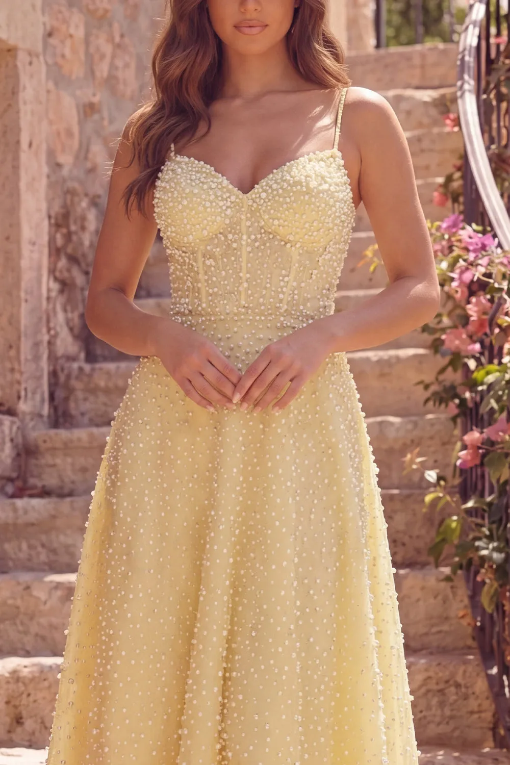 Yellow A-Line Corset Spaghetti Straps Midi Prom Dress with Pearls sold by Zapaka product image thumbnail 3