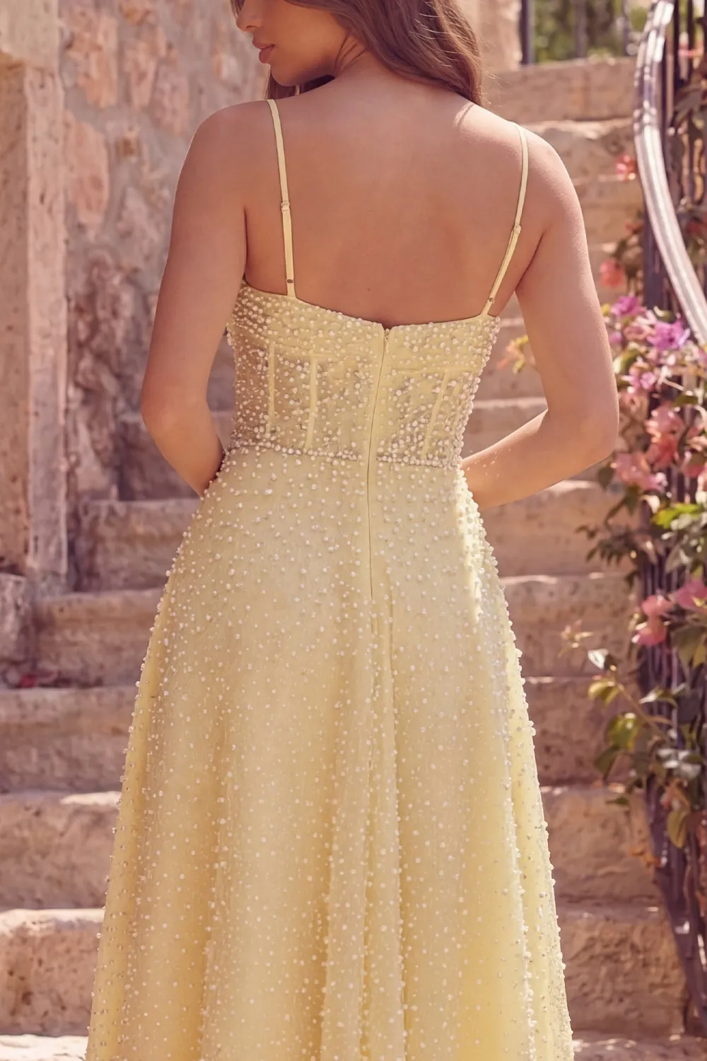 Yellow A-Line Corset Spaghetti Straps Midi Prom Dress with Pearls sold by Zapaka product image thumbnail 4