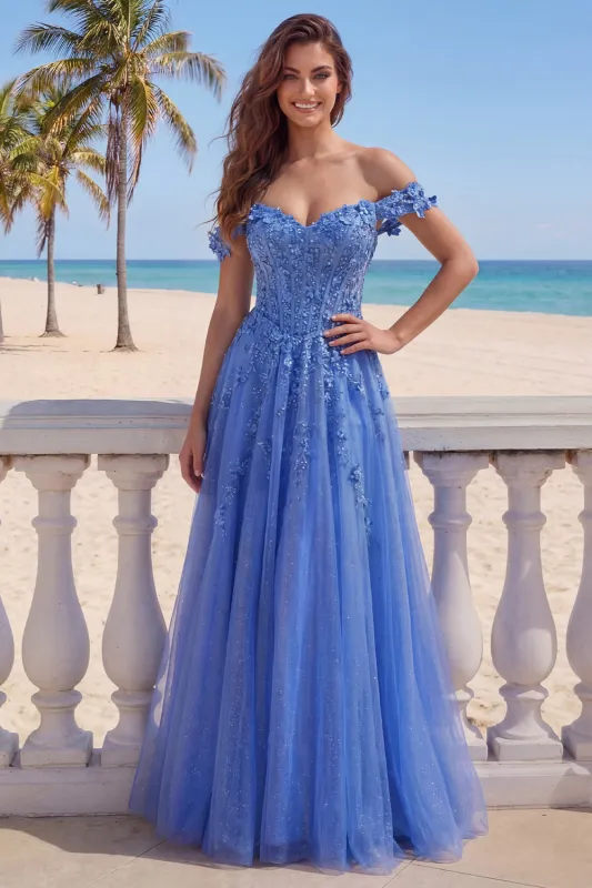 Dark Blue Off the Shoulder A-Line Corset Long Prom Dress with Appliques made by Zapaka