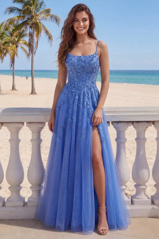 Dark Blue A-Line Corset Beaded Appliqued Long Prom Dress with Slit made by Zapaka