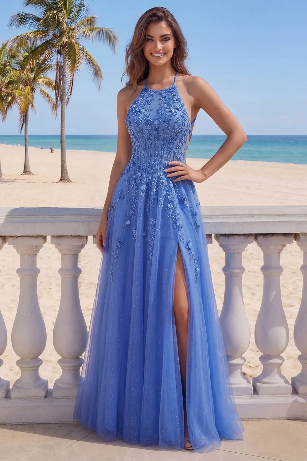 Dark Blue A-Line Halter Neck Corset Beaded Appliqued Long Prom Dress with Slit sold by Zapaka