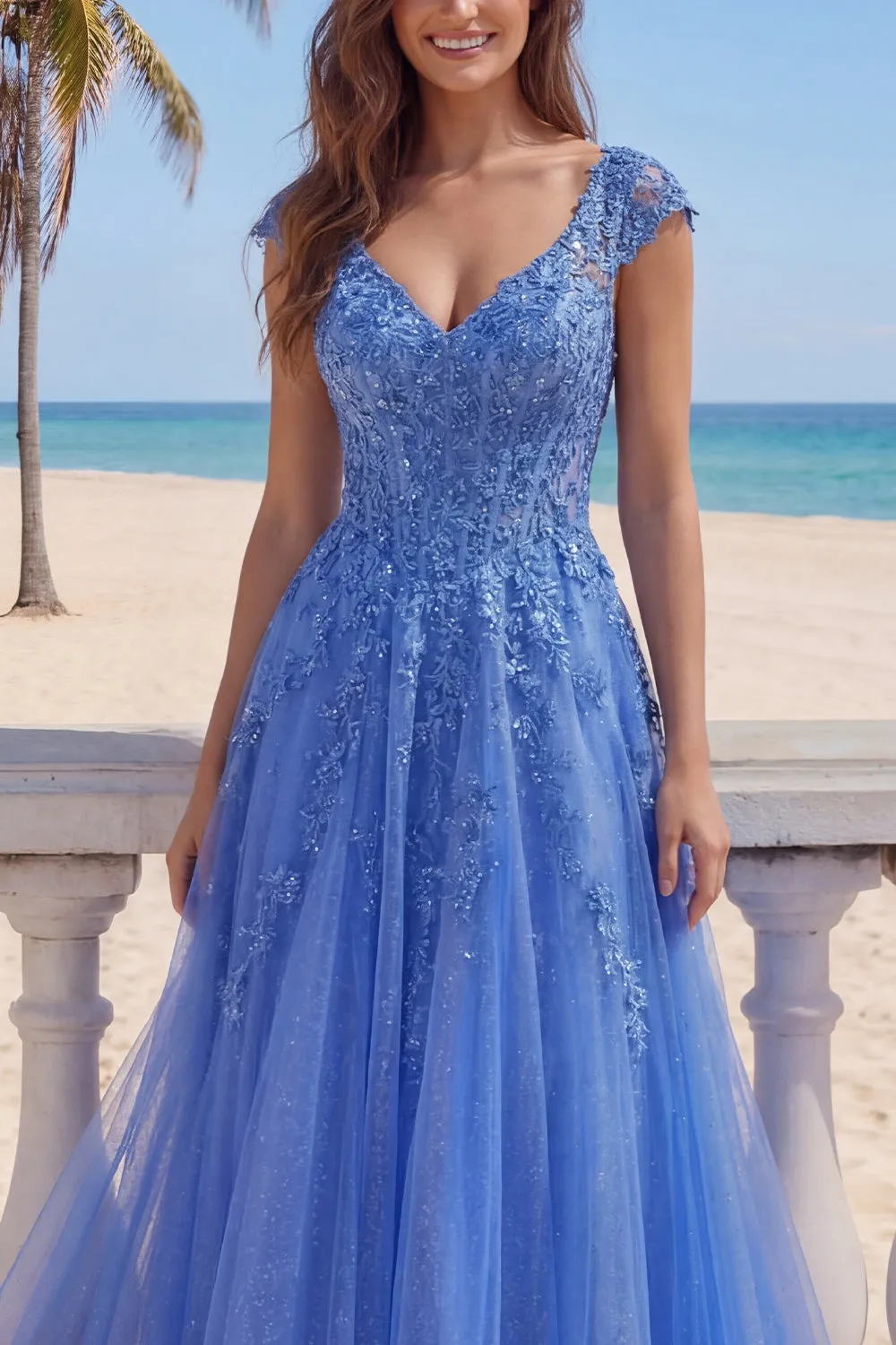 Dark Blue A-Line V-Neck Corset Long Prom Dress with Appliques sold by Zapaka product image thumbnail 3