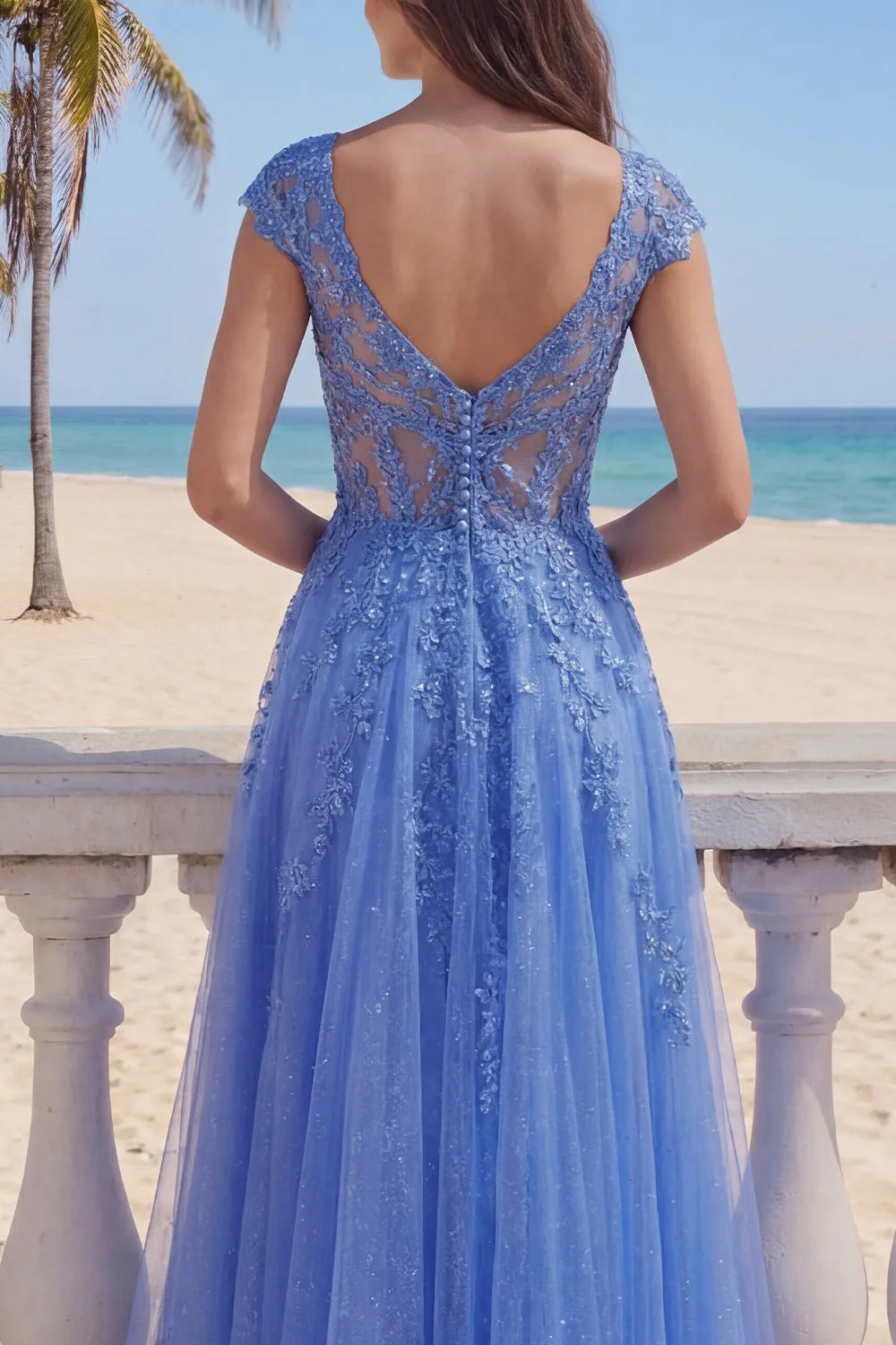 Dark Blue A-Line V-Neck Corset Long Prom Dress with Appliques sold by Zapaka product image thumbnail 4