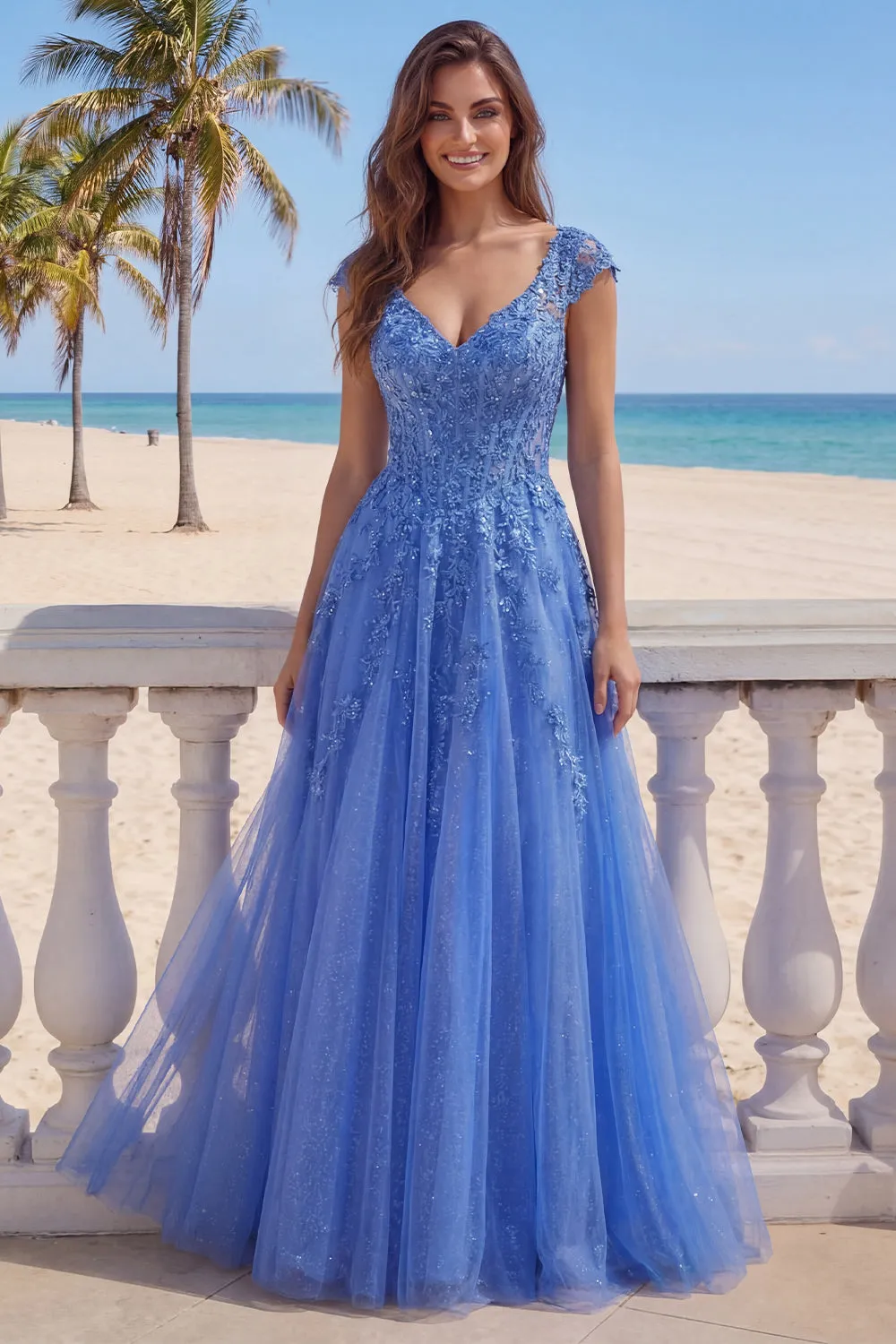 Dark Blue A-Line V-Neck Corset Long Prom Dress with Appliques sold by Zapaka