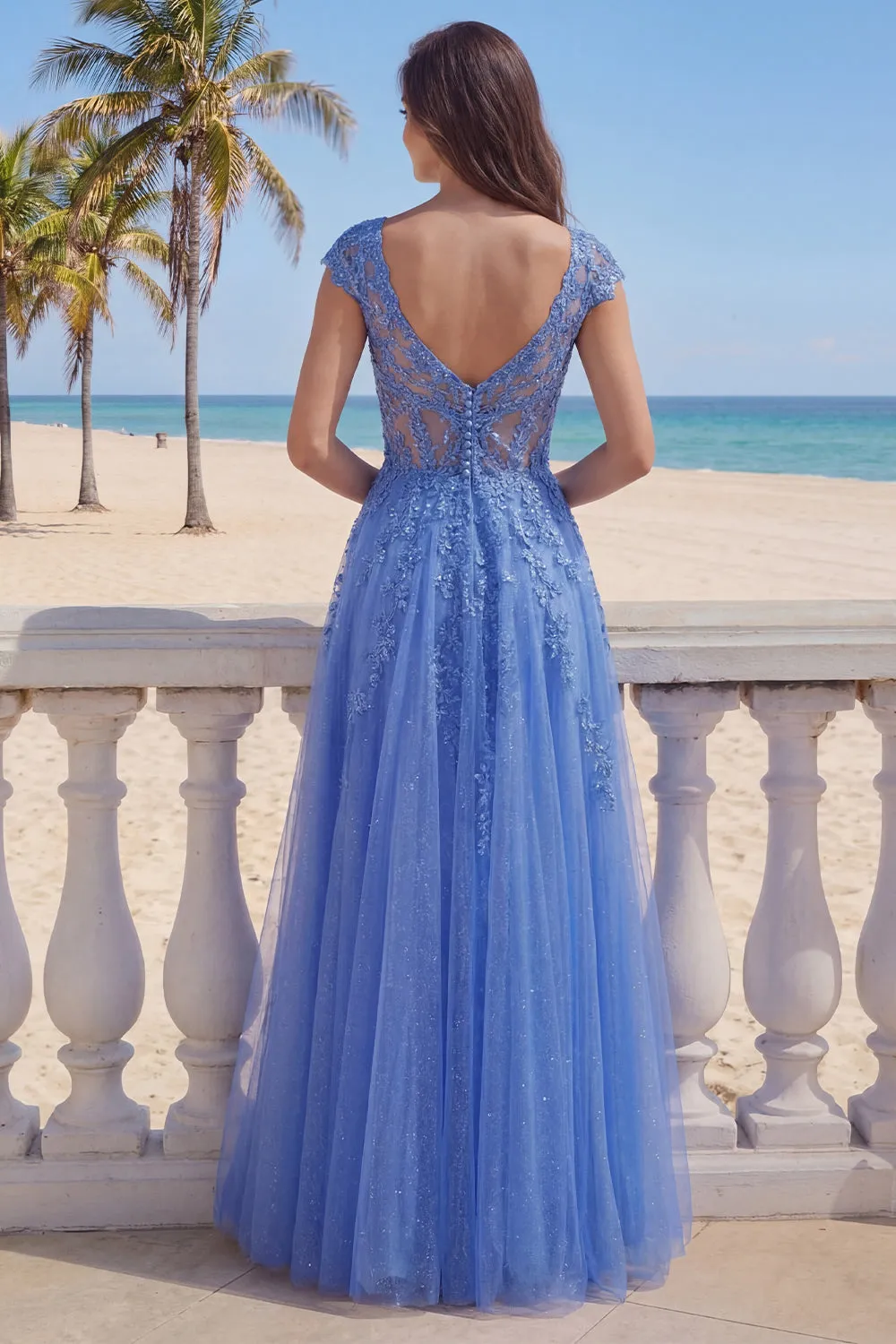 Dark Blue A-Line V-Neck Corset Long Prom Dress with Appliques sold by Zapaka product image thumbnail 2