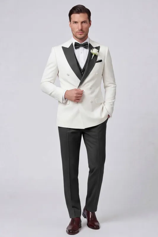 3 Piece Black Double Breasted Peak Lapel Men's Prom Suits made by Zapaka