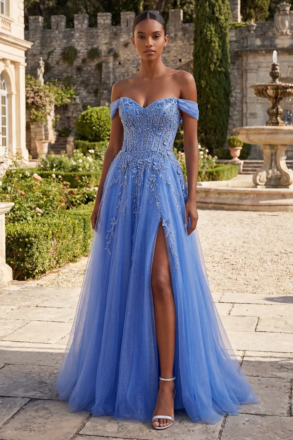 Blue Off The Shoulder Beaded A Line Basque Waist Corset Long Prom Dress with Slit sold by Zapaka