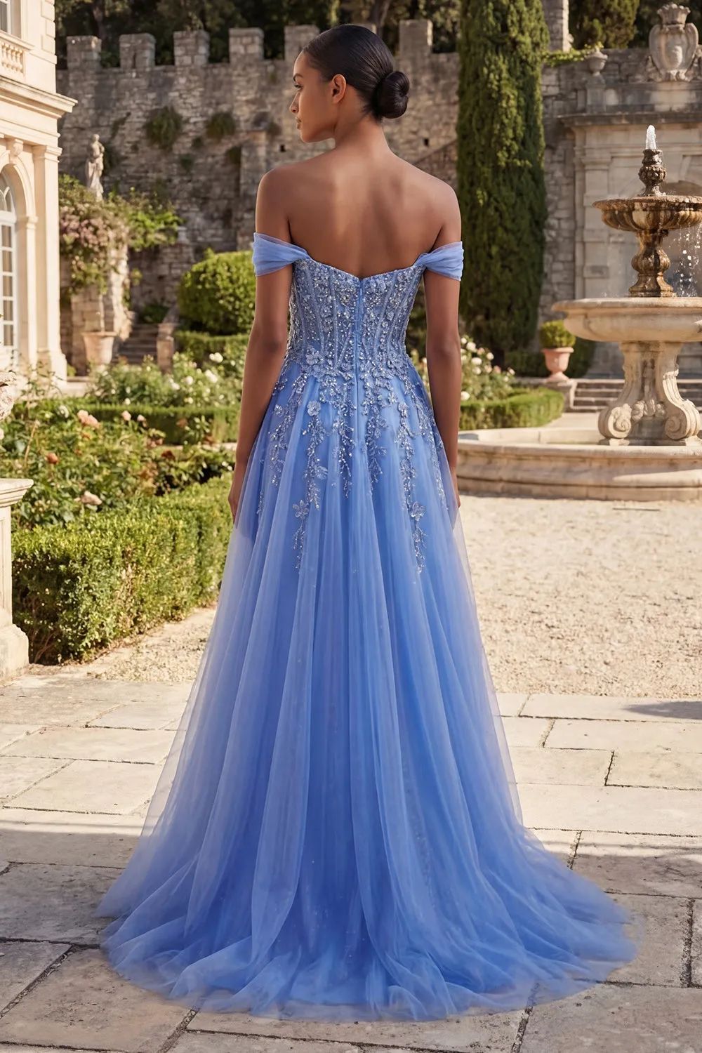 Blue Off The Shoulder Beaded A Line Basque Waist Corset Long Prom Dress with Slit sold by Zapaka product image thumbnail 2