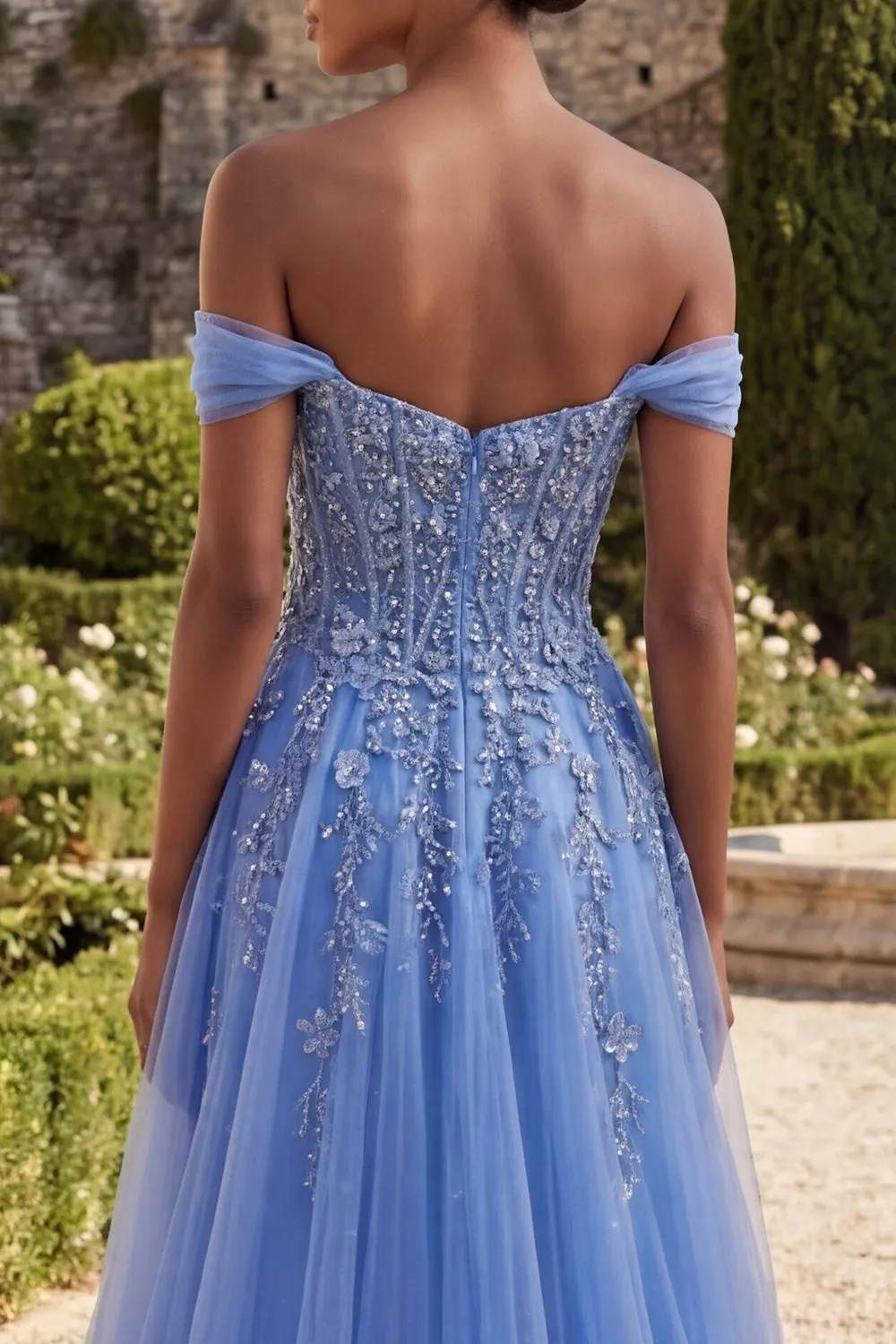 Blue Off The Shoulder Beaded A Line Basque Waist Corset Long Prom Dress with Slit sold by Zapaka product image thumbnail 4