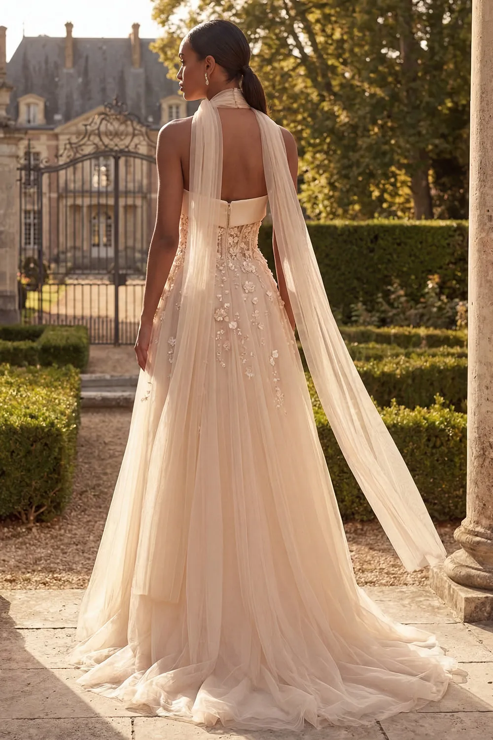 Strapless Blush Corset A Line 3D Flowers Long Tulle Prom Dress with a Neck Scarf sold by Zapaka product image thumbnail 2