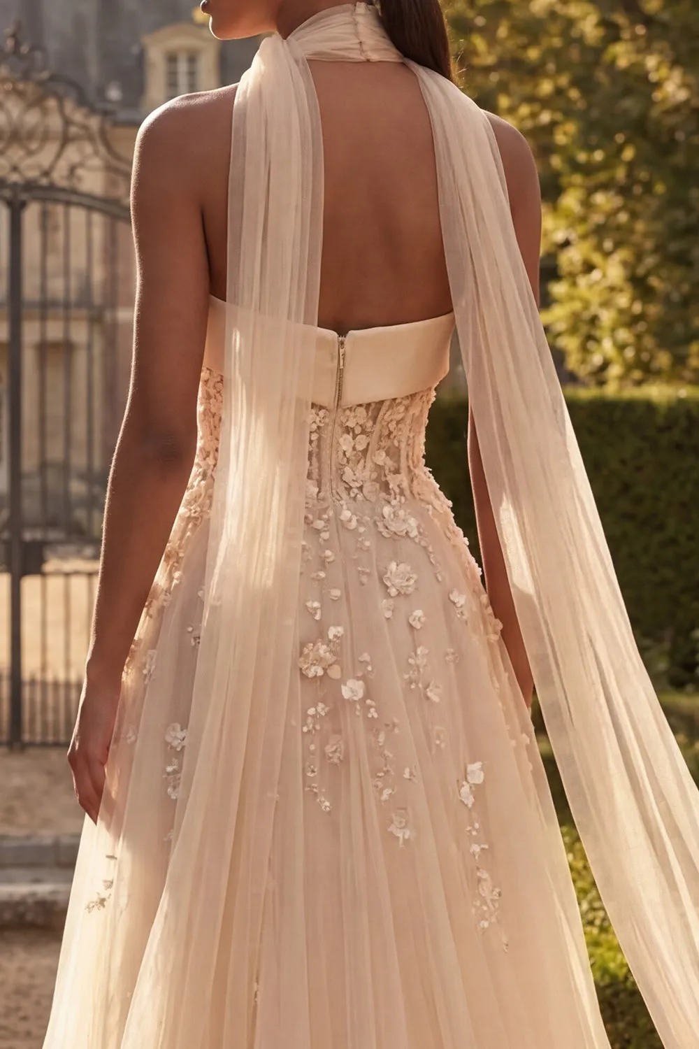 Strapless Blush Corset A Line 3D Flowers Long Tulle Prom Dress with a Neck Scarf sold by Zapaka product image thumbnail 4