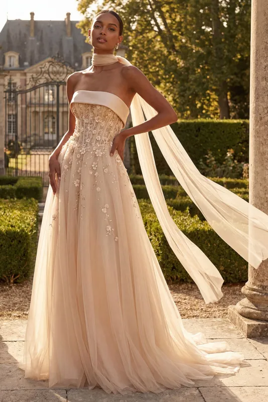 Strapless Blush Corset A Line 3D Flowers Long Tulle Prom Dress with a Neck Scarf made by Zapaka