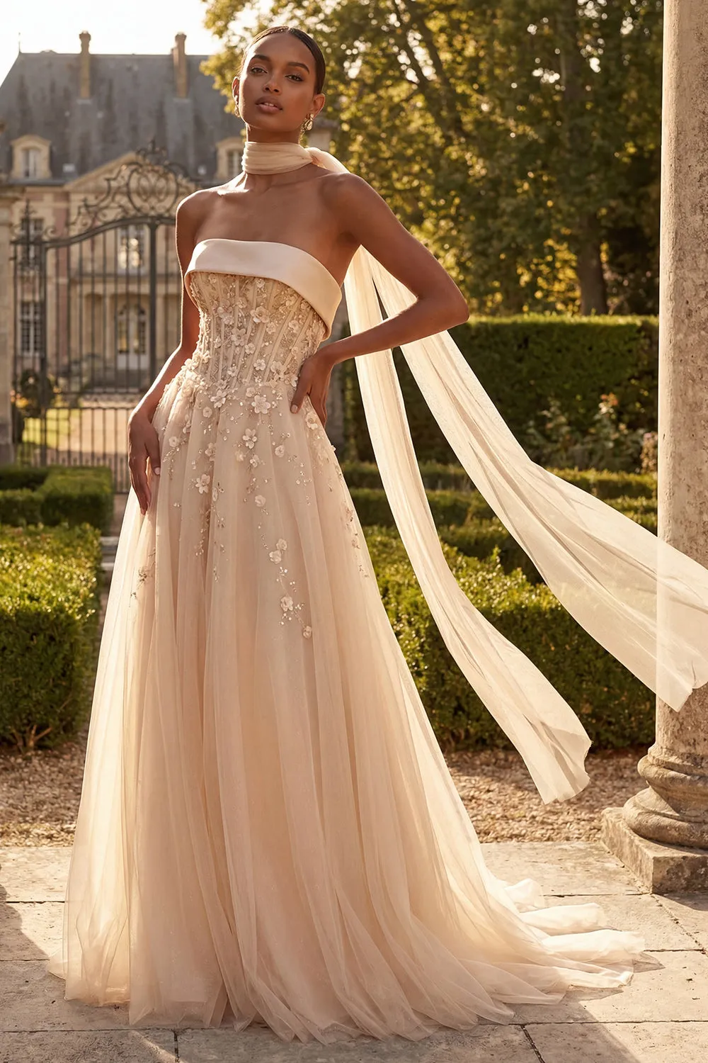 Strapless Blush Corset A Line 3D Flowers Long Tulle Prom Dress with a Neck Scarf sold by Zapaka