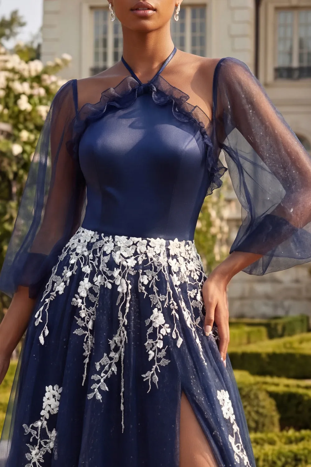 Navy Halter A Line Embroidered 3/4 Sleeves Long Tulle Prom Dress with Slit sold by Zapaka product image thumbnail 3