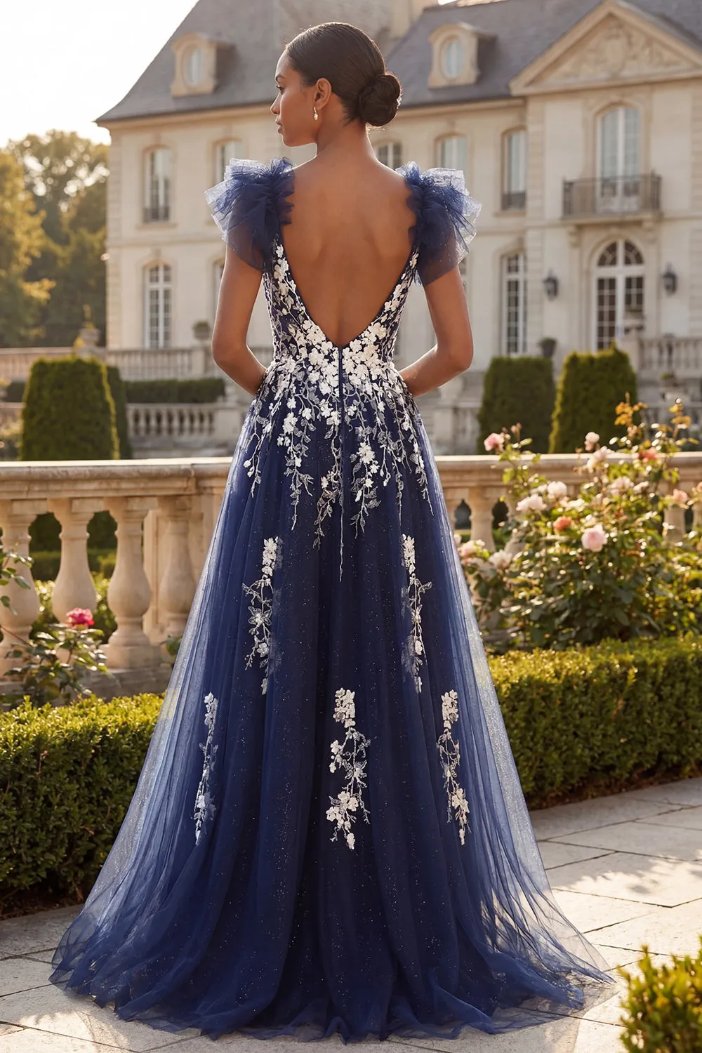 Navy Floral A Line V-Neck Ruffle Sleeves Tulle Long Prom Dress with Slit sold by Zapaka product image thumbnail 2