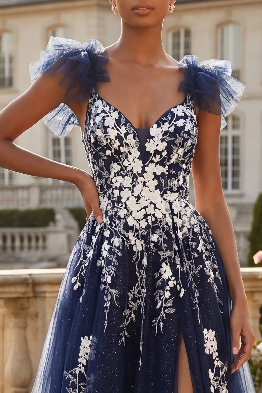 Navy Floral A Line V-Neck Ruffle Sleeves Tulle Long Prom Dress with Slit sold by Zapaka product image thumbnail 3