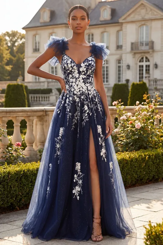 Navy Floral A Line V-Neck Ruffle Sleeves Tulle Long Prom Dress with Slit made by Zapaka