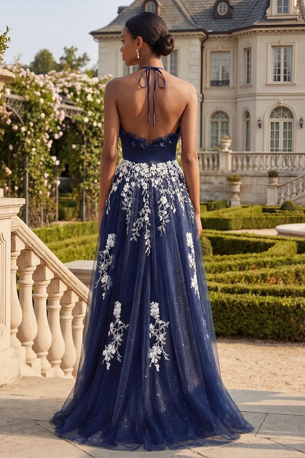 Halter Navy A Line Open Back Floral Long Prom Dress with Slit sold by Zapaka product image thumbnail 2
