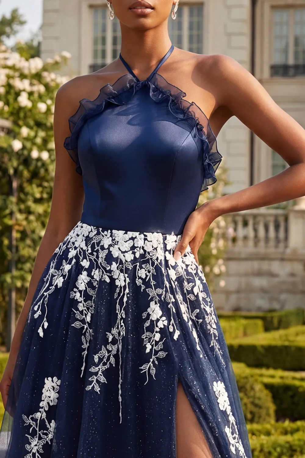 Halter Navy A Line Open Back Floral Long Prom Dress with Slit sold by Zapaka product image thumbnail 3