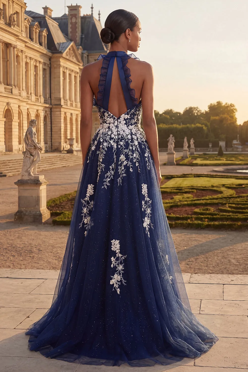Navy Halter Embroidered Tulle A Line Long Prom Dress with Slit sold by Zapaka product image thumbnail 2