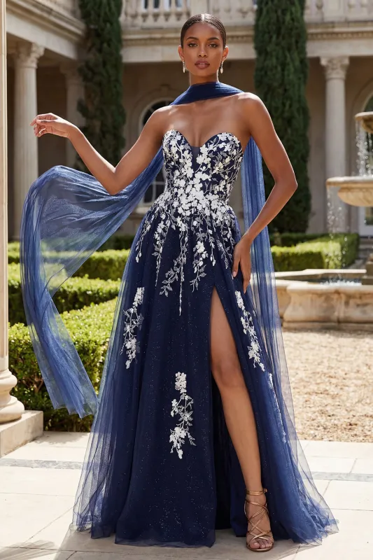 Glitter Navy A Line Sweetheart Side Slit Long Tulle Prom Dress with a Neck Scarf made by Zapaka