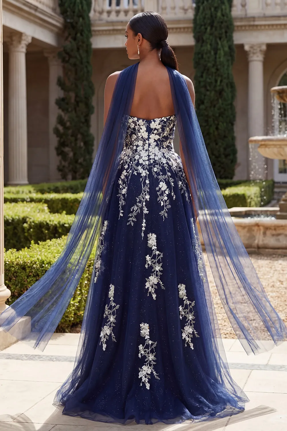 Glitter Navy A Line Sweetheart Side Slit Long Tulle Prom Dress with a Neck Scarf sold by Zapaka product image thumbnail 2