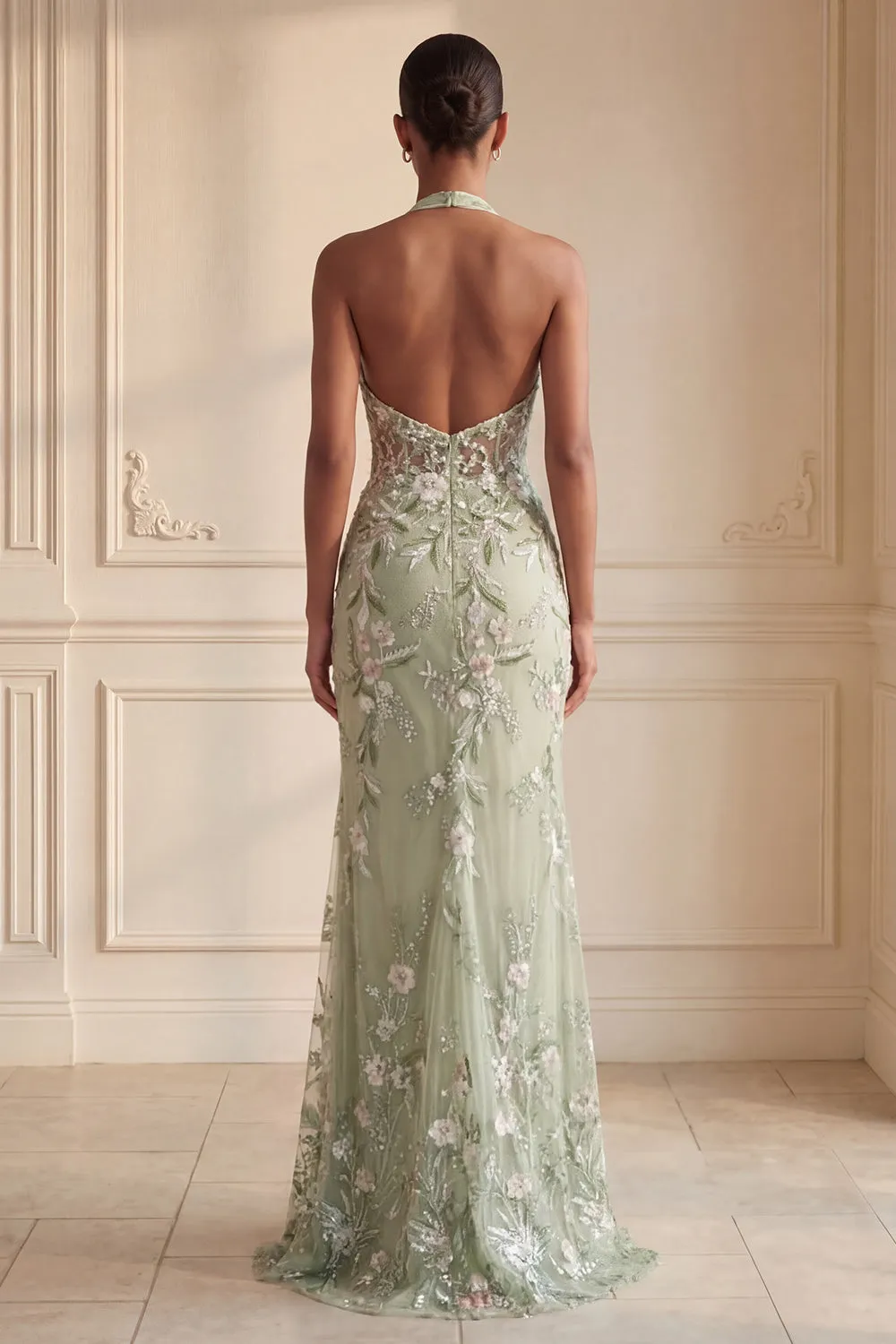 Halter Dusty Sage Sheer Corset Sheath Embroidered Long Prom Dress with Slit sold by Zapaka product image thumbnail 2