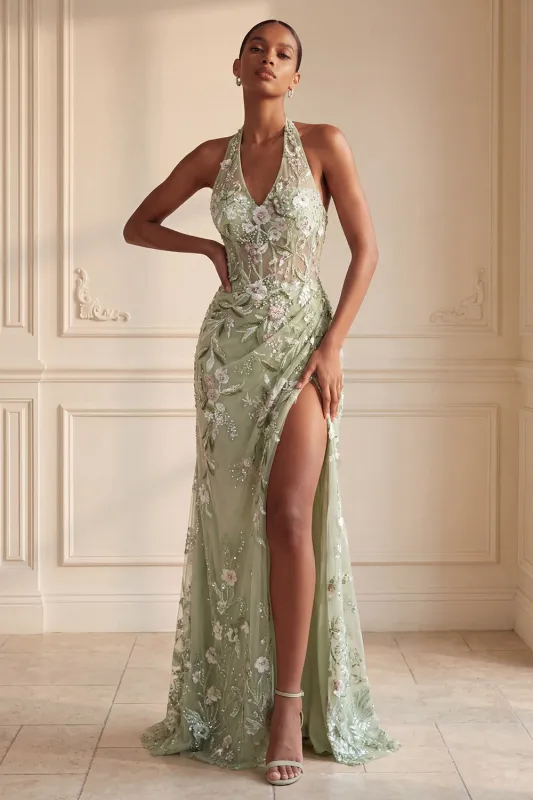 Halter Dusty Sage Sheer Corset Sheath Embroidered Long Prom Dress with Slit made by Zapaka
