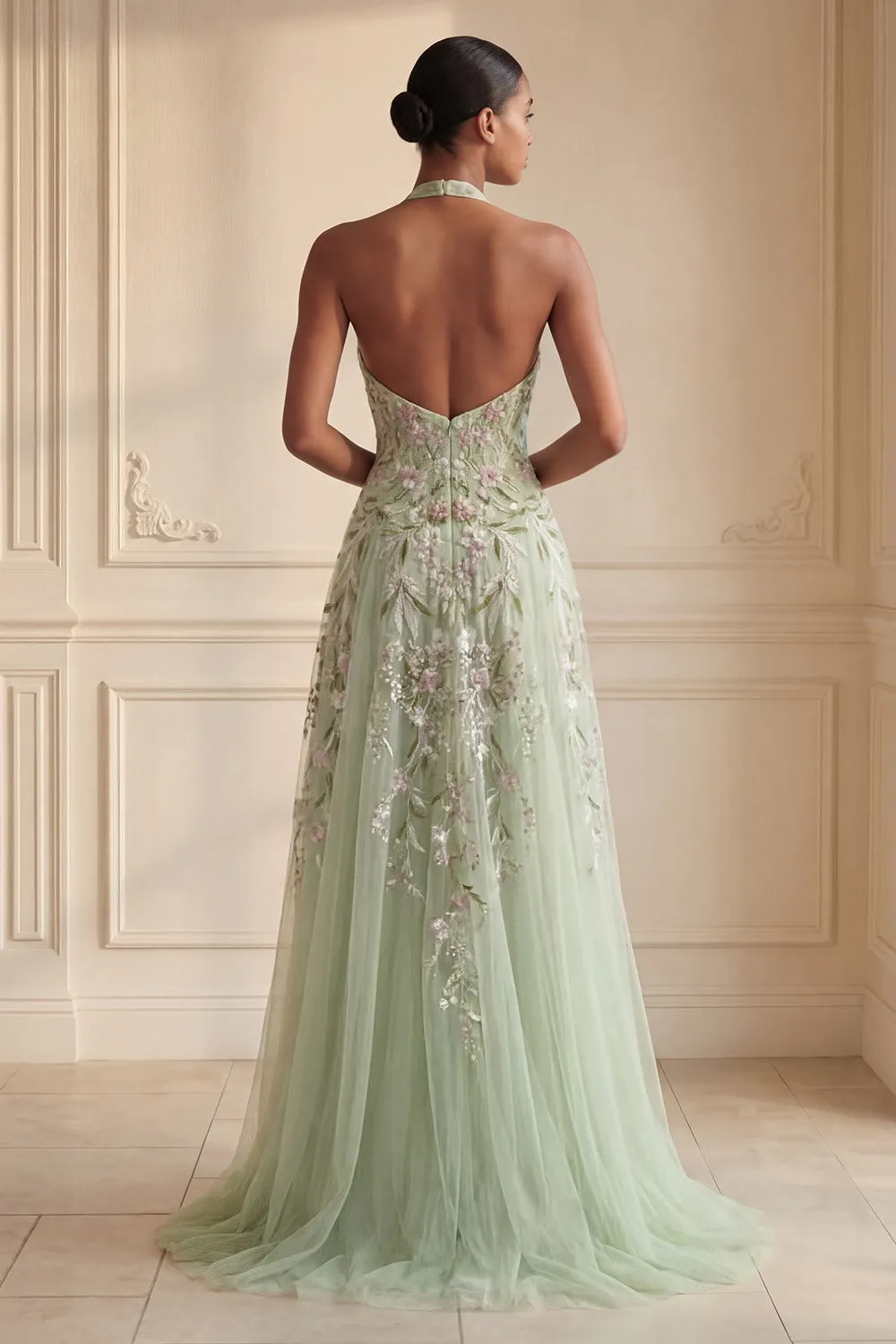 Dusty Sage Halter Sequins A Line Embroidered Tulle Long Prom Dress with Slit sold by Zapaka product image thumbnail 2