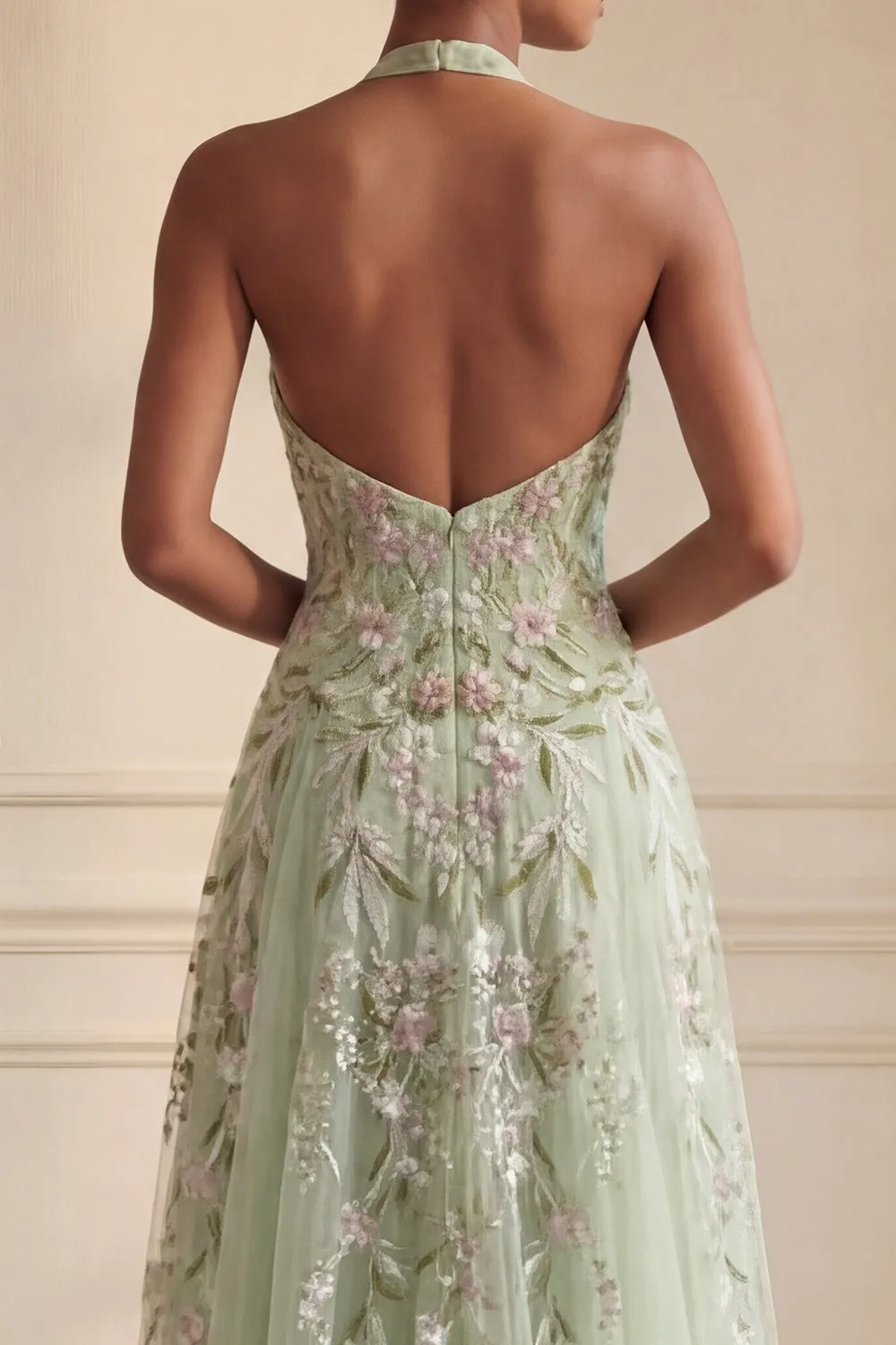 Dusty Sage Halter Sequins A Line Embroidered Tulle Long Prom Dress with Slit sold by Zapaka product image thumbnail 4