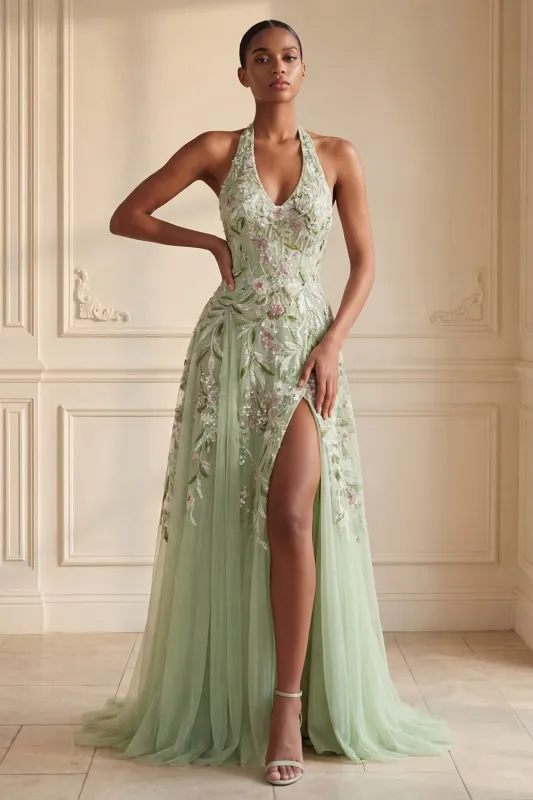 Dusty Sage Halter Sequins A Line Embroidered Tulle Long Prom Dress with Slit made by Zapaka