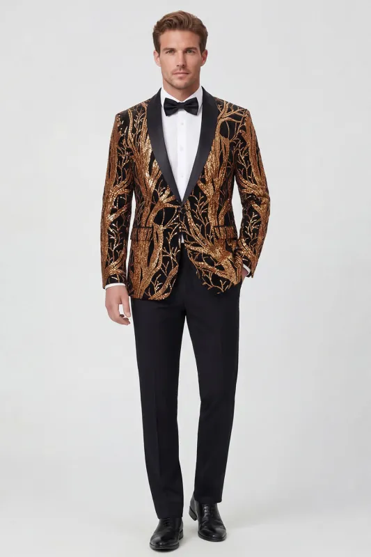 Gold Shawl Lapel One Button Sequined Men's Blazer made by Zapaka