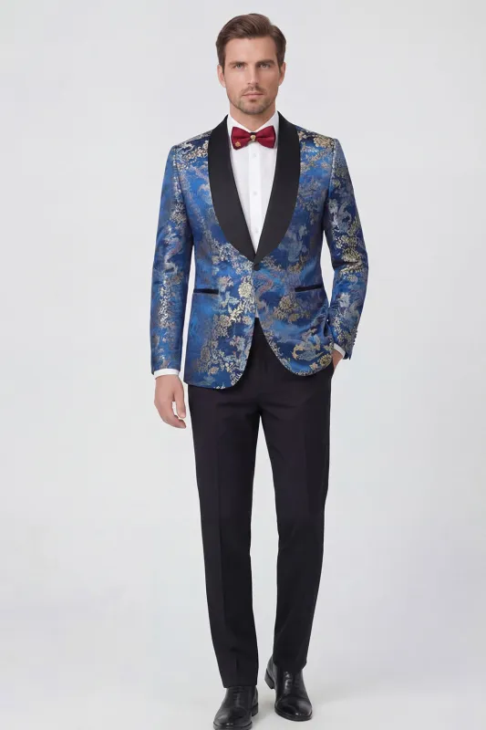 Blue 2-piece Shawl Lapel One Button Jacquard Men's Prom Suits made by Zapaka