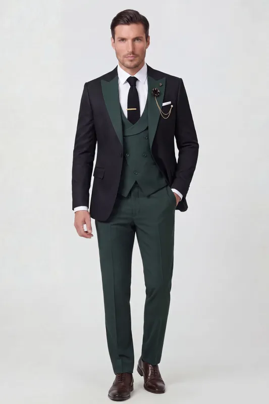 Dark Green Peaked Lapel One Button 3-Piece Men's Formal Suits made by Zapaka