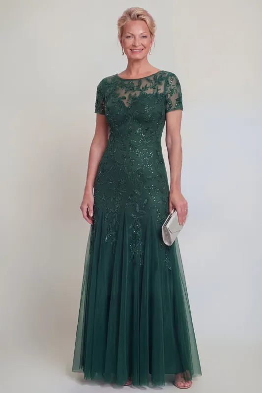 Appliqued A Line Dark Green Round Neck Mother Of Bride Dress made by Zapaka