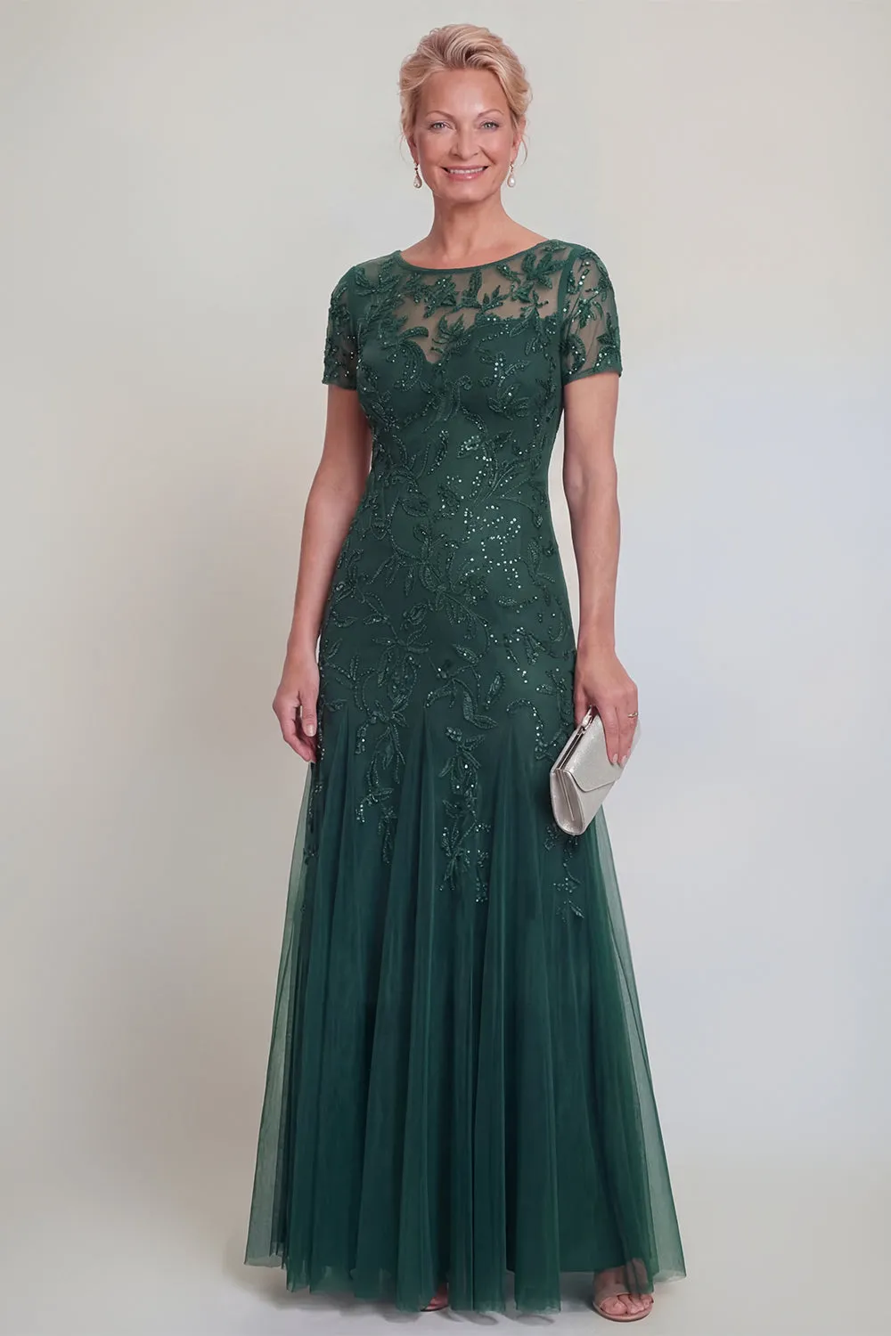 Appliqued A Line Dark Green Round Neck Mother Of Bride Dress sold by Zapaka