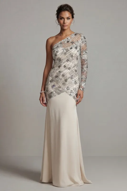 One Shoulder Sequin Mermaid Apricot Mother Of the Bride Dress made by Zapaka
