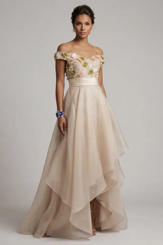 Off The Shoulder A Line Apricot Mother Of the Bride Dress with 3D Flowers made by Zapaka