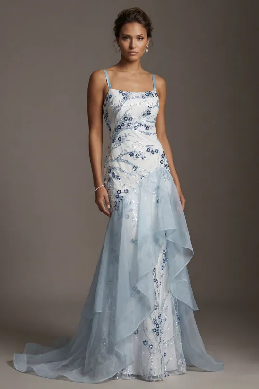 Light Blue Sequin Mermaid Ruffled Mother Of the Bride Dress made by Zapaka