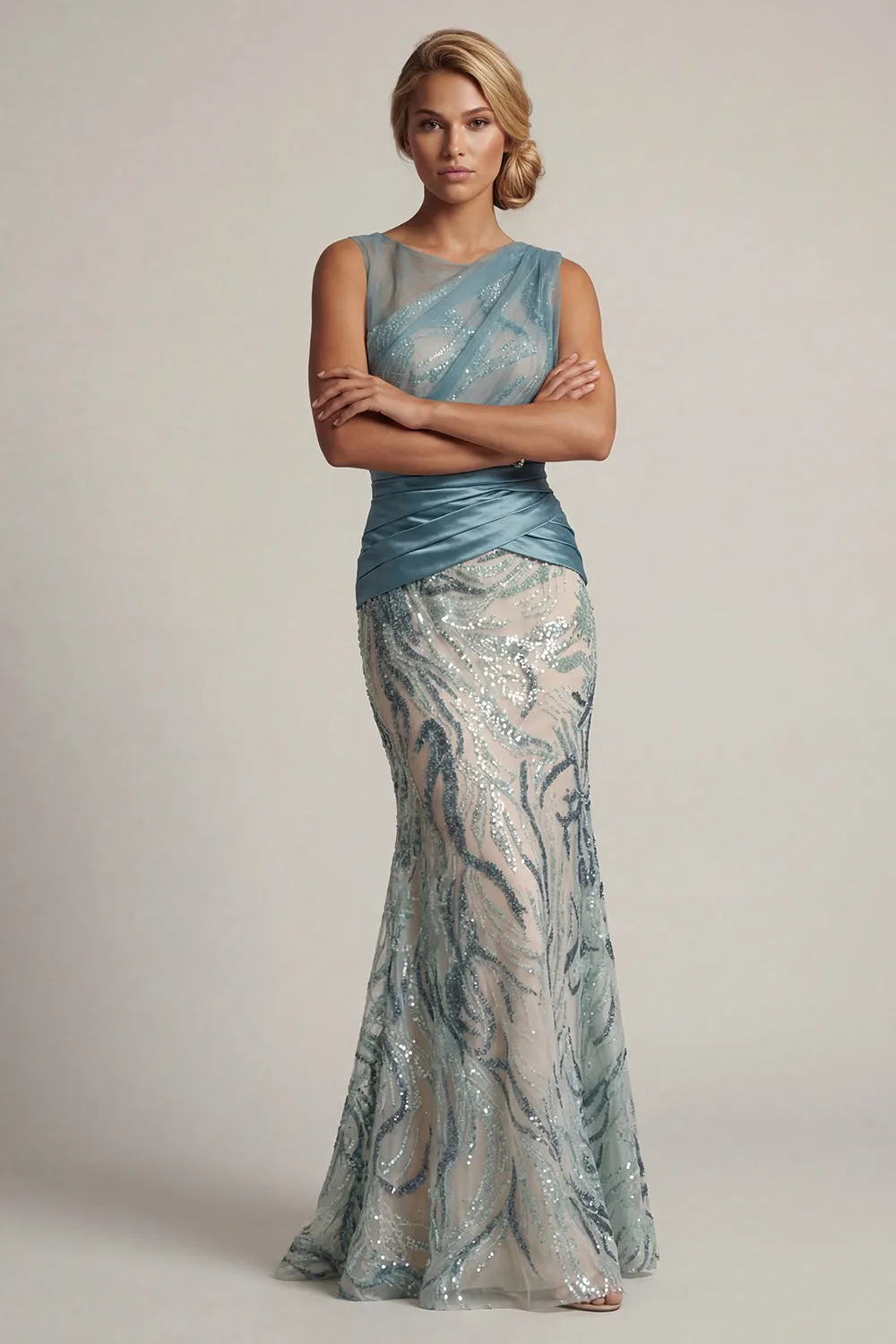 Lake Blue Sequin Mermaid Ruched Mother Of the Bride Dress sold by Zapaka product image thumbnail 3