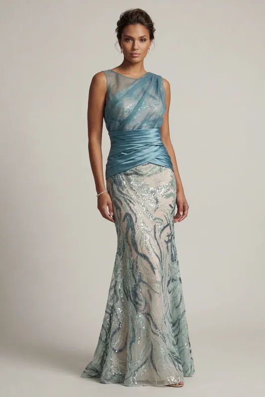 Lake Blue Sequin Mermaid Ruched Mother Of the Bride Dress made by Zapaka
